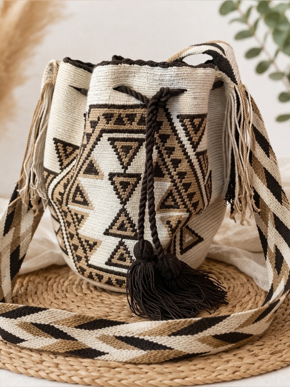 Handmade‎ Wayuu Mochila Crochet Crossbody Bag Geometric Tribal Neutral